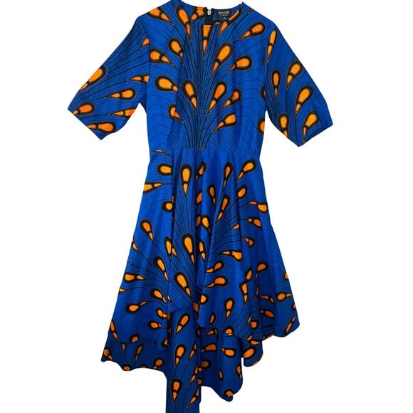 Ofuure by Tehilah Hi-Low Fit-Flare Blue Dress "Peacock" Print XL Blue Orange - Picture 1 of 14